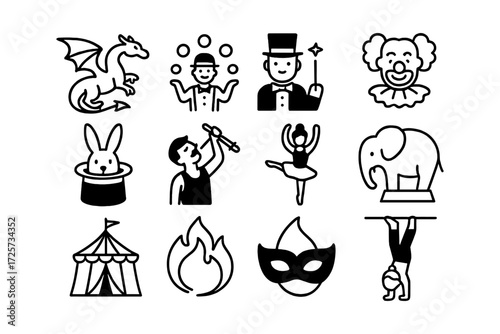 Circus and magic icons: animals, performers, and mystical symbols in bold outline style