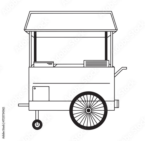 A detailed black and white outline illustration of a street food vendor cart