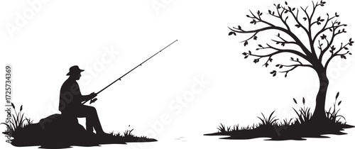 PrintFishing silhouette, peaceful nature scene, person on rock, black and white art, calm water, tree reflection, solitude moment, outdoor relaxation, tranquil landscape, 