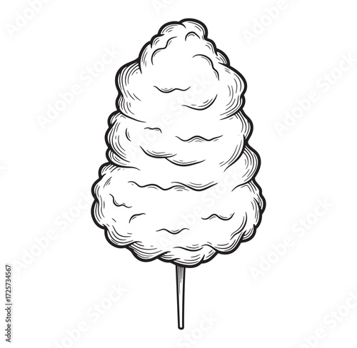 Black and white hand drawn illustration of a sweet and fluffy cotton candy treat