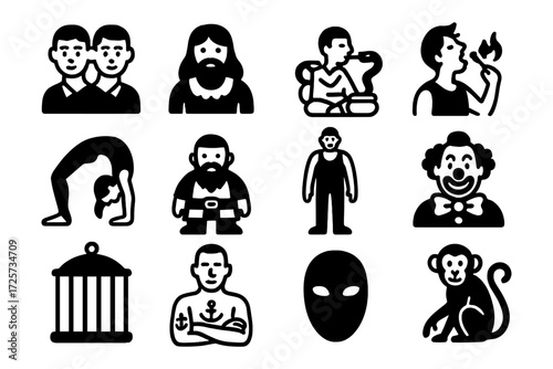 Retro circus icons set featuring performers and animals in black silhouette style