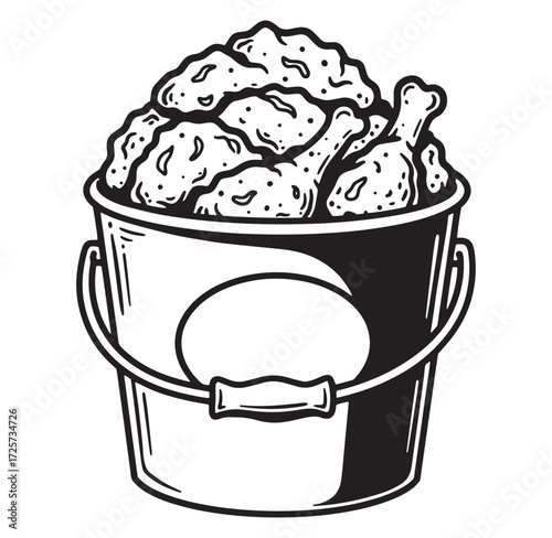 Black and white illustration of a bucket filled with crispy fried chicken pieces