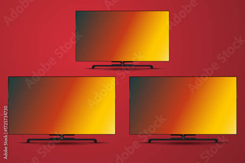 Group of three Hi-Tech LEDs TV Mockup screen design for display Data and information. LED Screen on red background used in Technology presents the digital data