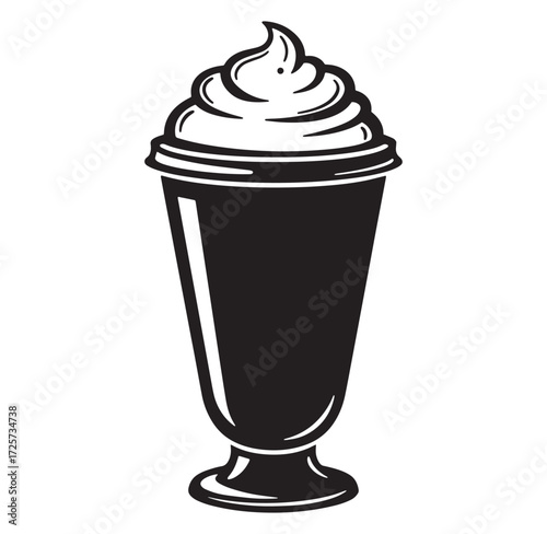 Black and white illustrated milkshake with whipped cream in a tall glass