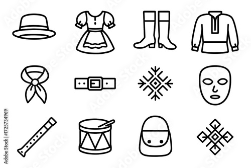 Traditional clothing and accessories icons set in outline style