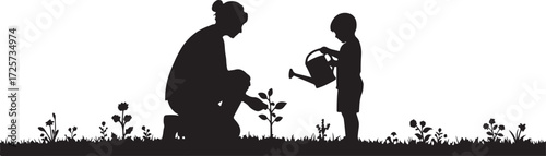 PrintGardening silhouette, adult and child, nurturing moment, environmental care, black figure art, watering plants, teaching nature, peaceful scene, growth concept,