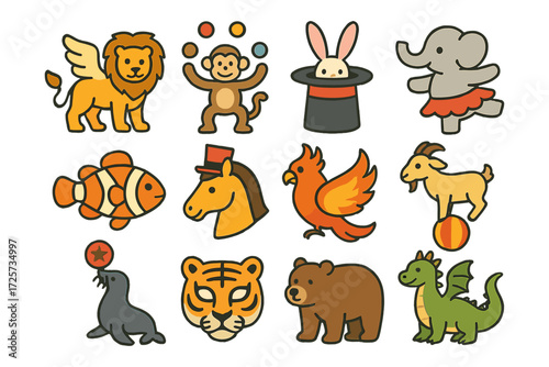 Colorful cartoon animals and circus icons for kids' designs
