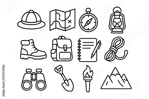 Camping and hiking icons set in linear style for outdoor adventure