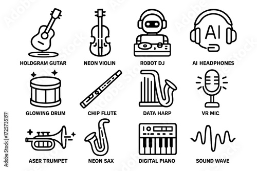 Futuristic musical instruments: neon and tech-inspired designs