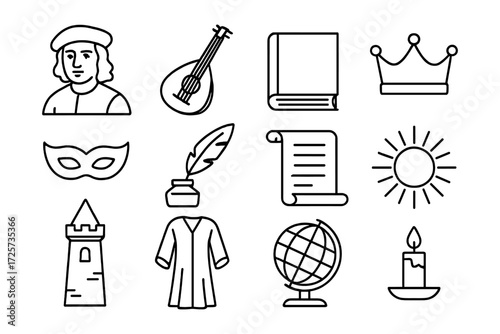 Renaissance icons set: art, literature, and culture in linear style