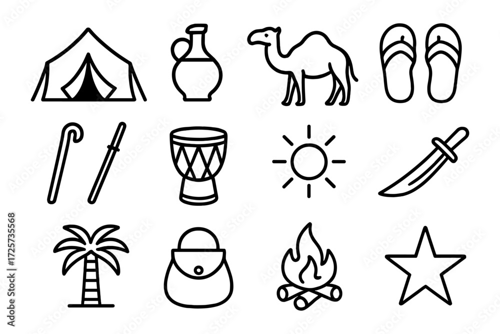 Fototapeta premium Desert adventure icons: camping, culture, and nature in simple line art