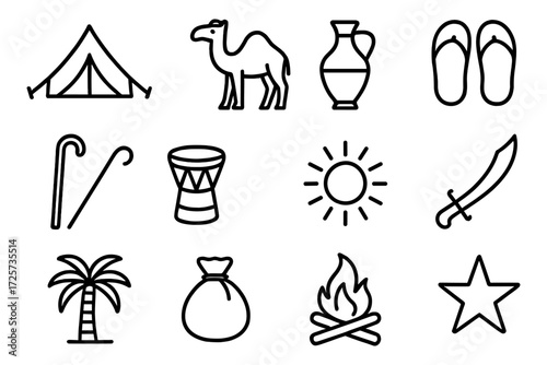 Outline icons of camping and desert adventure elements with minimalist design