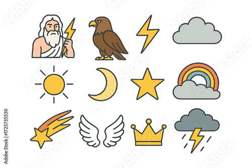 Colorful mythological and weather icons collection for creative designs