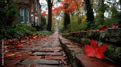 A brick pathway lined with fallen autumn leaves, leading through a picturesque neighborhood on a misty day.