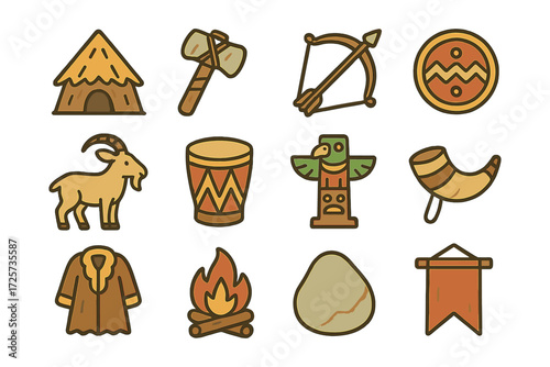 Native culture icons set: tools, symbols, and artifacts in flat style