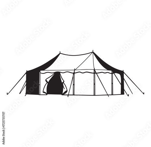 Black and white outline of a large outdoor camping tent in silhouette style