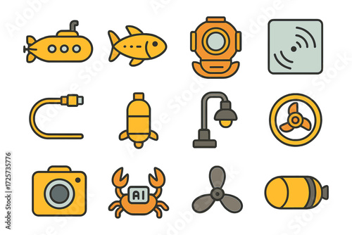 Colorful nautical icons with submarines, fish, and dive equipment in modern flat design