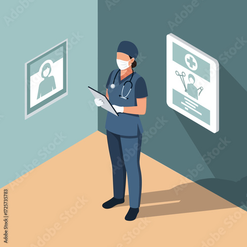 A medical professional wearing scrubs, a mask, and a stethoscope, stands in a hallway, reviewing a chart.