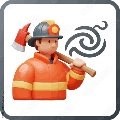 A 3D icon of a male firefighter in a protective uniform and helmet, holding a red axe over his shoulder.