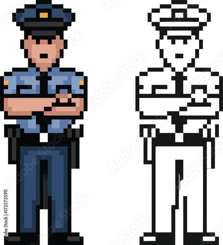 Pixel art police officer standing with arms crossed and outline version
