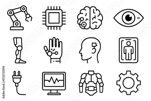 Futuristic technology and robotics icons in linear style for innovation and ai themes