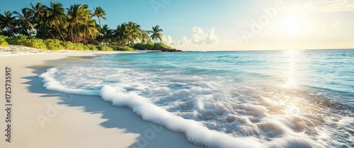 Sunny Beach Scene With Gentle Waves and Palm Trees Under a Clear Sky.