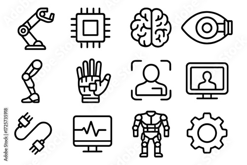 Linear icons of robotics, ai, and technology elements for modern innovations