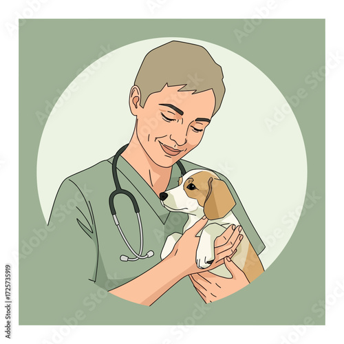A smiling veterinarian gently holding a small puppy in their arms, showing care and compassion.