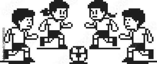 Retro pixel art soccer game with four players and a ball