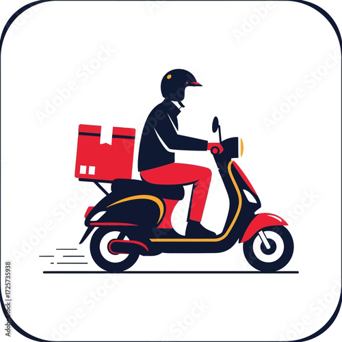 A delivery person on a scooter with a red box, representing fast and efficient service.