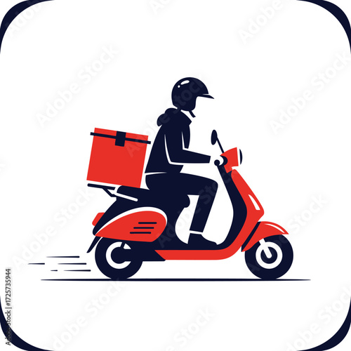 Illustration of a delivery person on a scooter with a red delivery box.