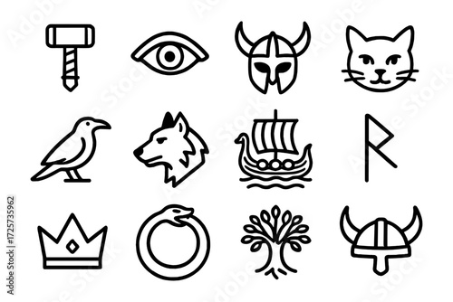 Viking symbols and icons collection in linear style