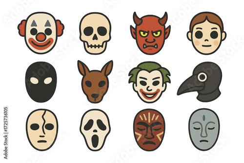 Diverse cartoon masks: clown, skull, devil, animal, drama, fantasy