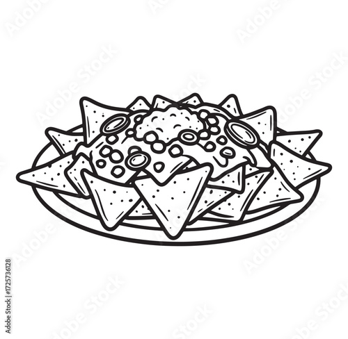 Black and white vector illustration of loaded nachos on a plate for culinary designs
