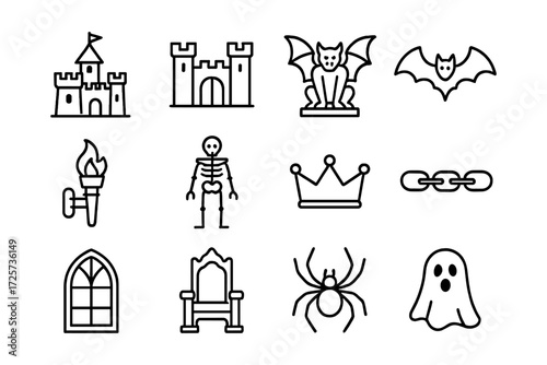 Halloween icons: castle, bat, skeleton, spider, ghost in linear style