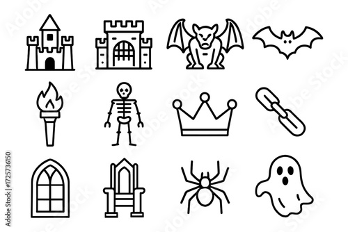 Haunted castle icons: spooky halloween symbols and fantasy elements collection