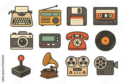 Retro gadget collection featuring vintage technology icons in flat design