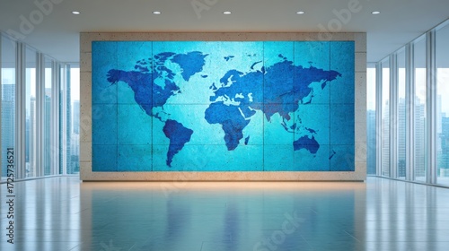 Digital Empire design. Modern office space featuring a large world map mural on the wall.