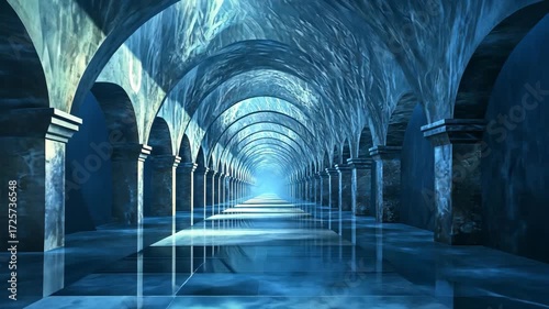 Underwater Ancient Ruins Hallway Perspective.