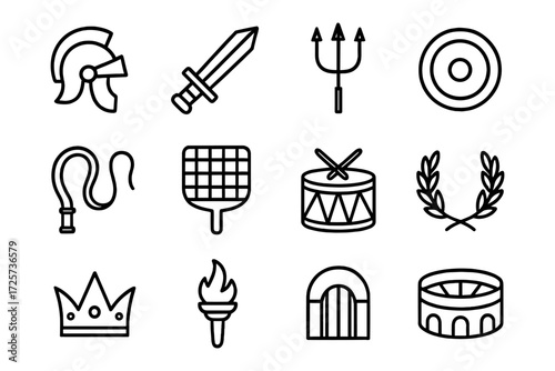 Ancient rome icons: gladiators, coliseum, weapons, and symbols in linear outline style