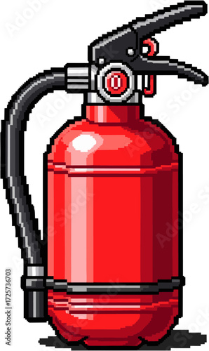 Pixel art depiction of a classic red fire extinguisher, complete with hose and pressure gauge.