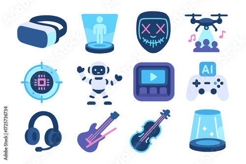 Modern technology and entertainment icons in flat design