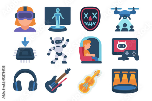 Futuristic technology icons collection with vr, ai, robotics, and entertainment
