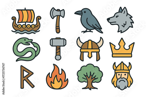 Viking mythology icons: minimalist line art of norse symbols and figures