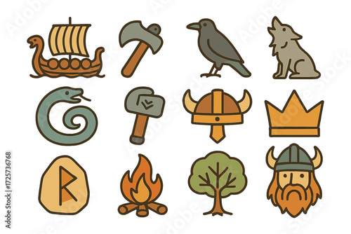 Nordic icons set: longship, axe, viking helmet, and mythical symbols in flat style