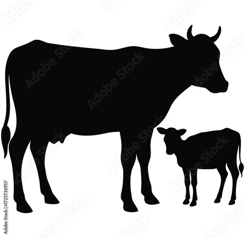 Silhouette of a cow and a calf standing together cattle farm
