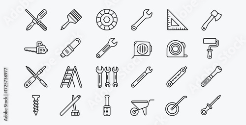Outline icons of various tools for repair and construction works
