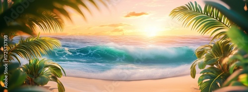Vibrant Sunset Over Ocean Waves With Tropical Plants in the Foreground.