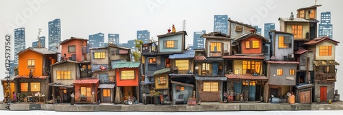 Scale model of a south korean shanty town depicting urban decay, poverty, and overcrowding with illuminated windows at night