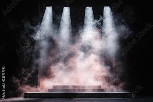 Empty stage illuminated by spotlights through a smoky atmosphere in a dark theater, creating a dramatic and mysterious ambiance